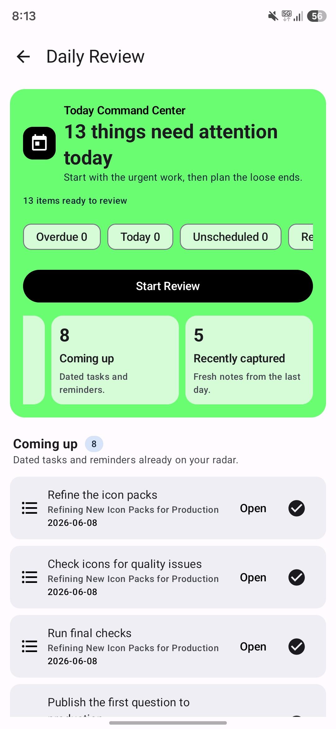 Voice Note Pro daily review screen showing command center and upcoming tasks