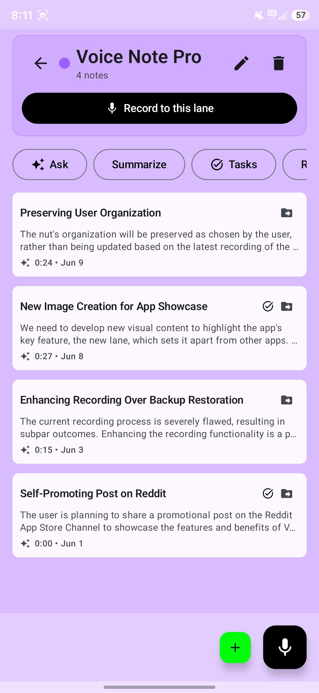 Voice Note Pro lane detail screen with record, ask, summarize, and tasks actions