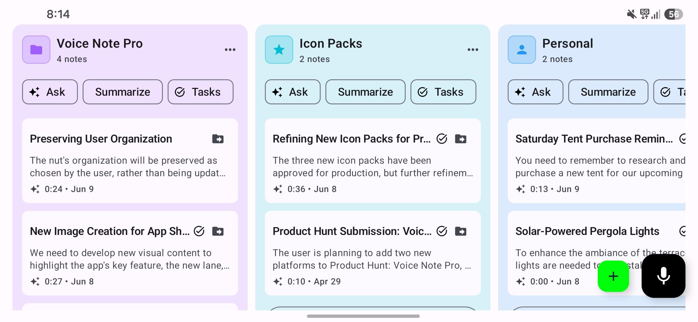 Voice Note Pro horizontal lanes overview showing multiple project lanes